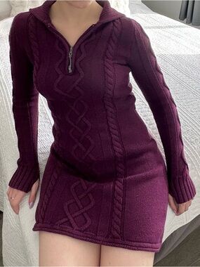Knit Cable Hooded Sweater Dress Plum Burgundy